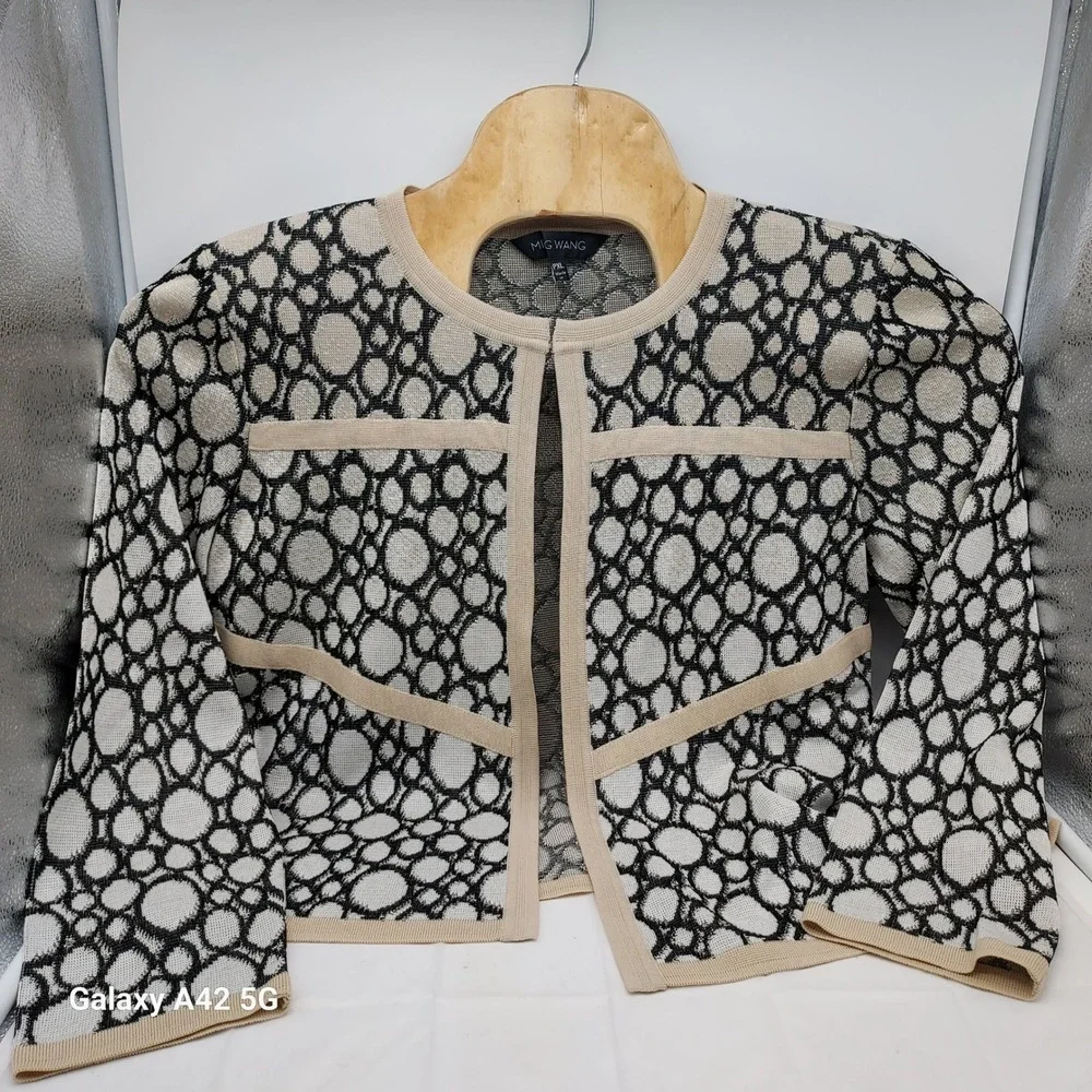 Ming Wang Knit Jacket Womens PXL Black Beige Circle Pattern Open Front Cardigan